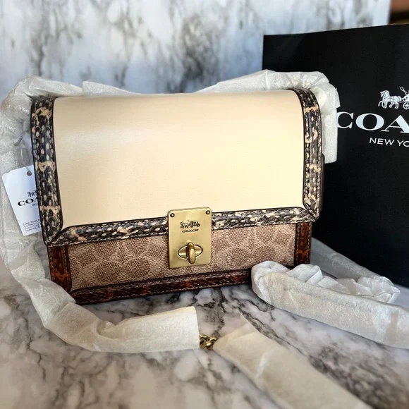 Brand New Coach Hutton Shoulder Bag in Signature Canvas with Snakeskin Detail